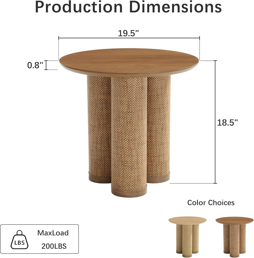 20" Round Walnut Wood End Table, Modern Side Table with 3 Textured Cylindrical Legs, Boho Rattan Accent Table for Living Room, Bedroom, Small Spaces, Light Walnut