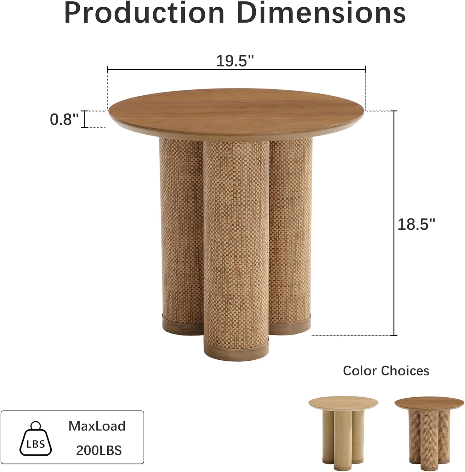 20" Round Walnut Wood End Table, Modern Side Table with 3 Textured Cylindrical Legs, Boho Rattan Accent Table for Living Room, Bedroom, Small Spaces, Light Walnut