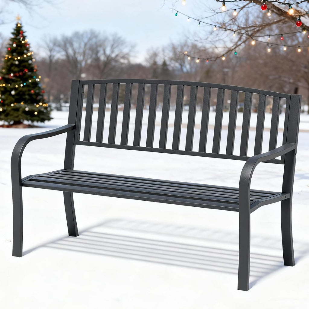 YLGJ&TIDY 50 Inches Garden Benches for Outdoor Patio Bench with Stripe Pattern Backrest Armrest Weatherproof Park Benches Metal Bench for Garden Park Porch Lawn Yard (Vertical Line)