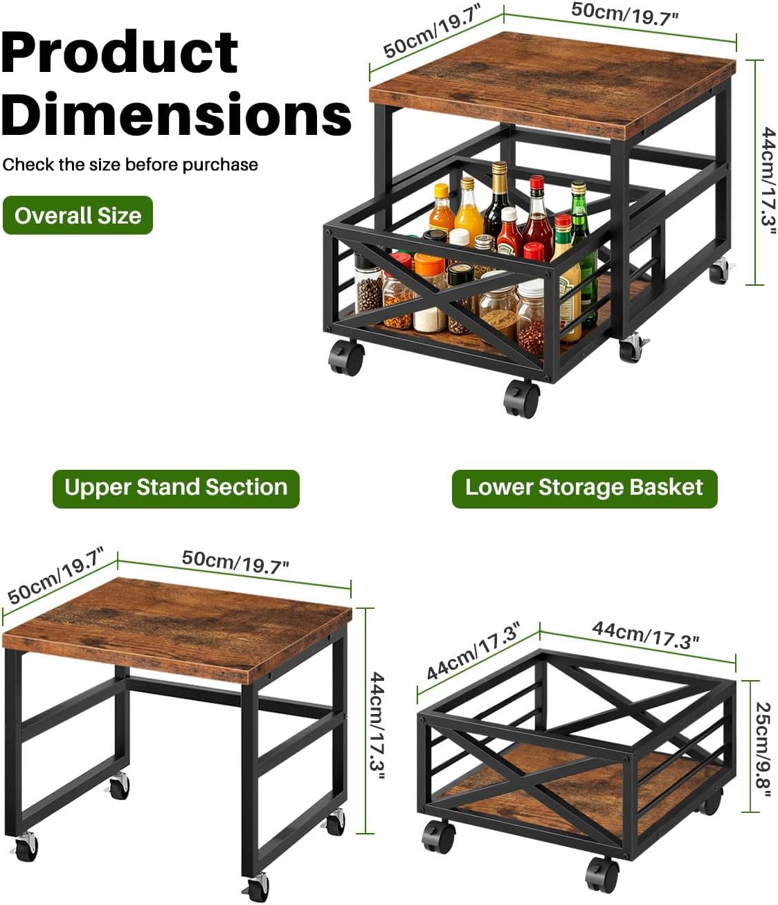 Mini Fridge Stand with Storage Shelf and Wheels, Rolling Mini Fridge Cart, Heavy Duty Refrigerator Stand for Mini Fridge, Dorm Room, Bedroom, Office, Rustic Brown