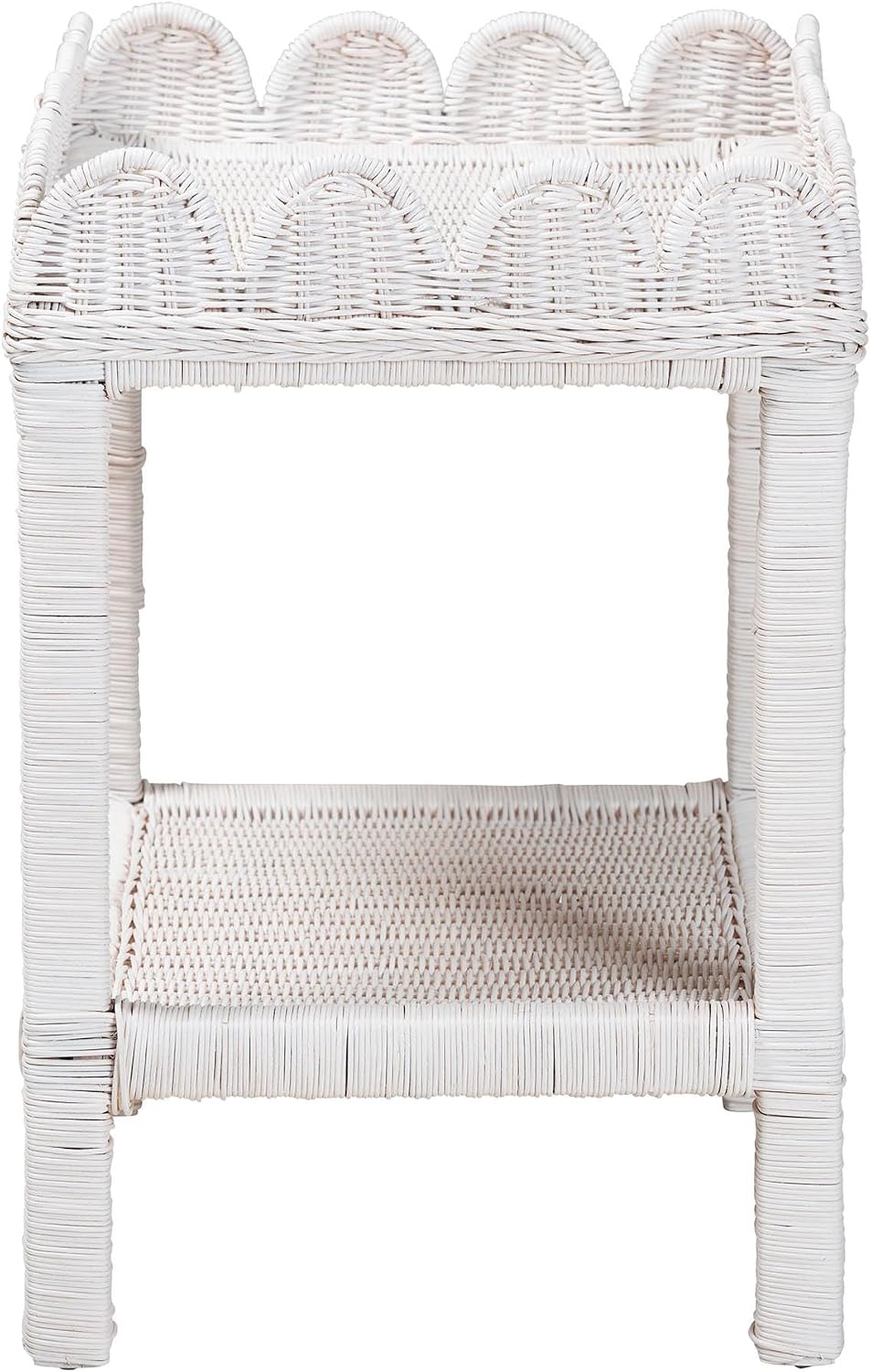 Bali & pari Sumana Natural Rattan Side Table - Handwoven Wicker 2-Tier Accent End Table with Scalloped Tray Top for Living Room, White
