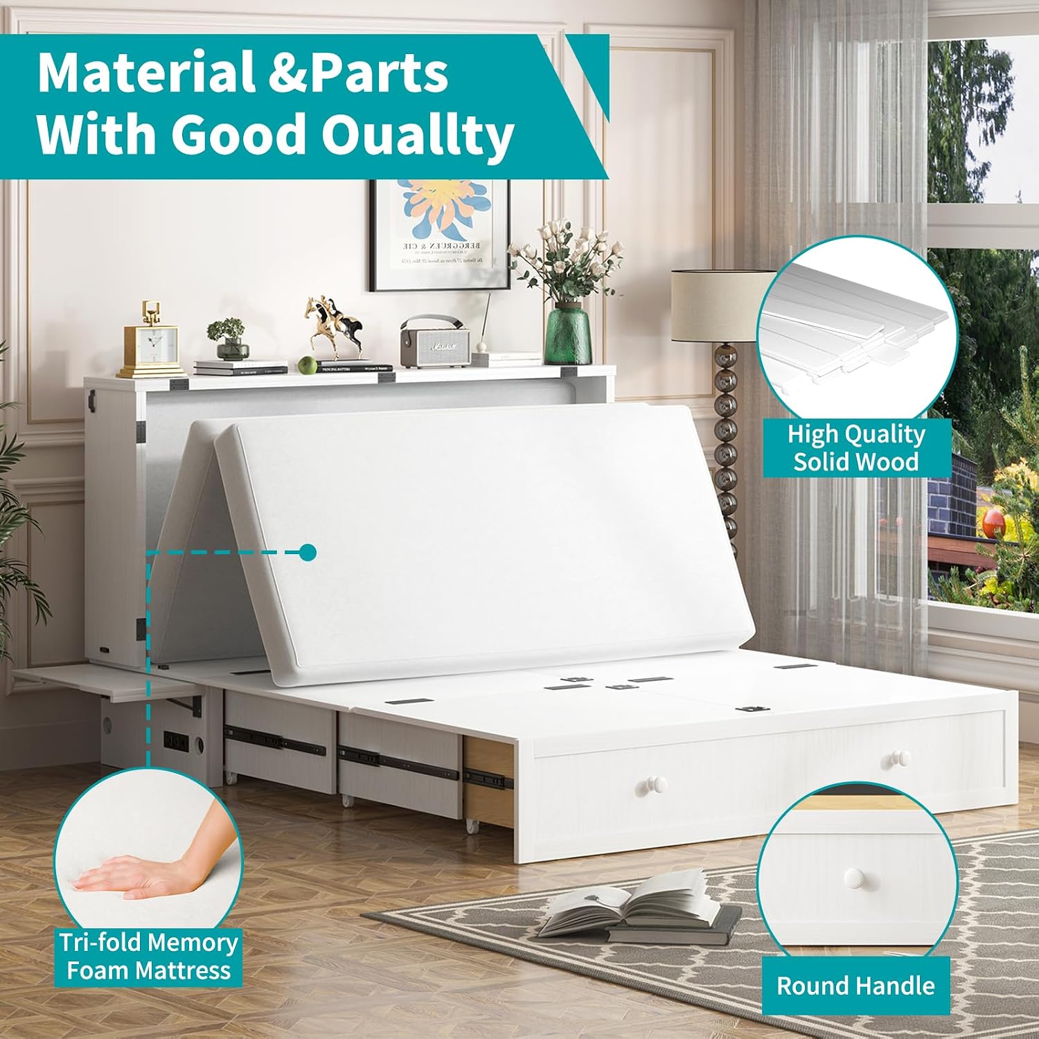 BALUS Queen Murphy Bed, Cabinet Murphy Bed with Large Storage Drawer-White | USB Charing Station, Spacious Drawer, Space Saving, Queen Bed Frame