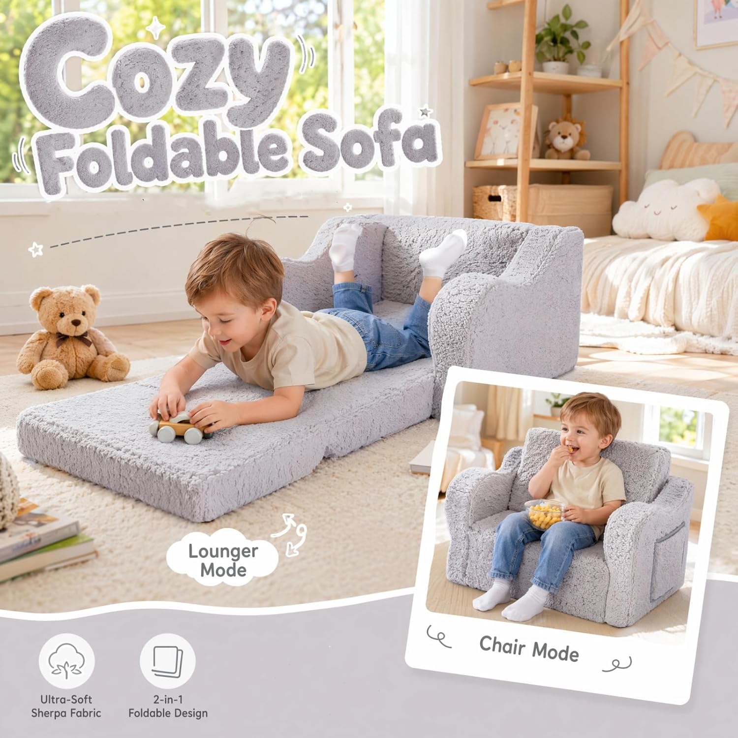 MOMCAYWEX Kids Sofa, 2-in-1 Flip-Out Foam Couch with Soft Sherpa Cover, Cozy Play Lounge Chair, Grey