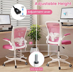 COSTWAY Drafting Chair, Tall Office Chair with Flip-up Armrests & Adjustable Foot Ring, High Back Computer Standing Desk Chair with Ergonomic Lumbar Support, Breathable Mesh (1, Pink)