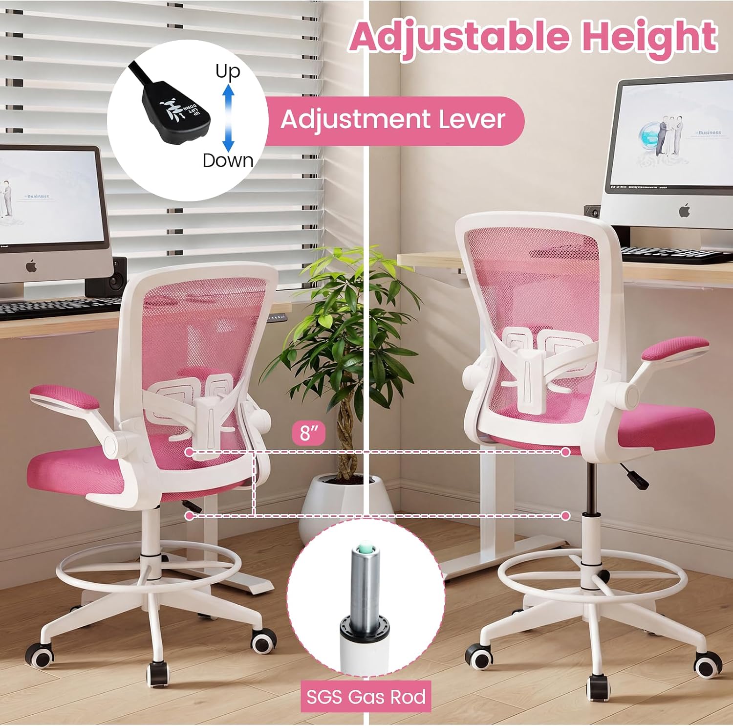 COSTWAY Drafting Chair, Tall Office Chair with Flip-up Armrests & Adjustable Foot Ring, High Back Computer Standing Desk Chair with Ergonomic Lumbar Support, Breathable Mesh (1, Pink)