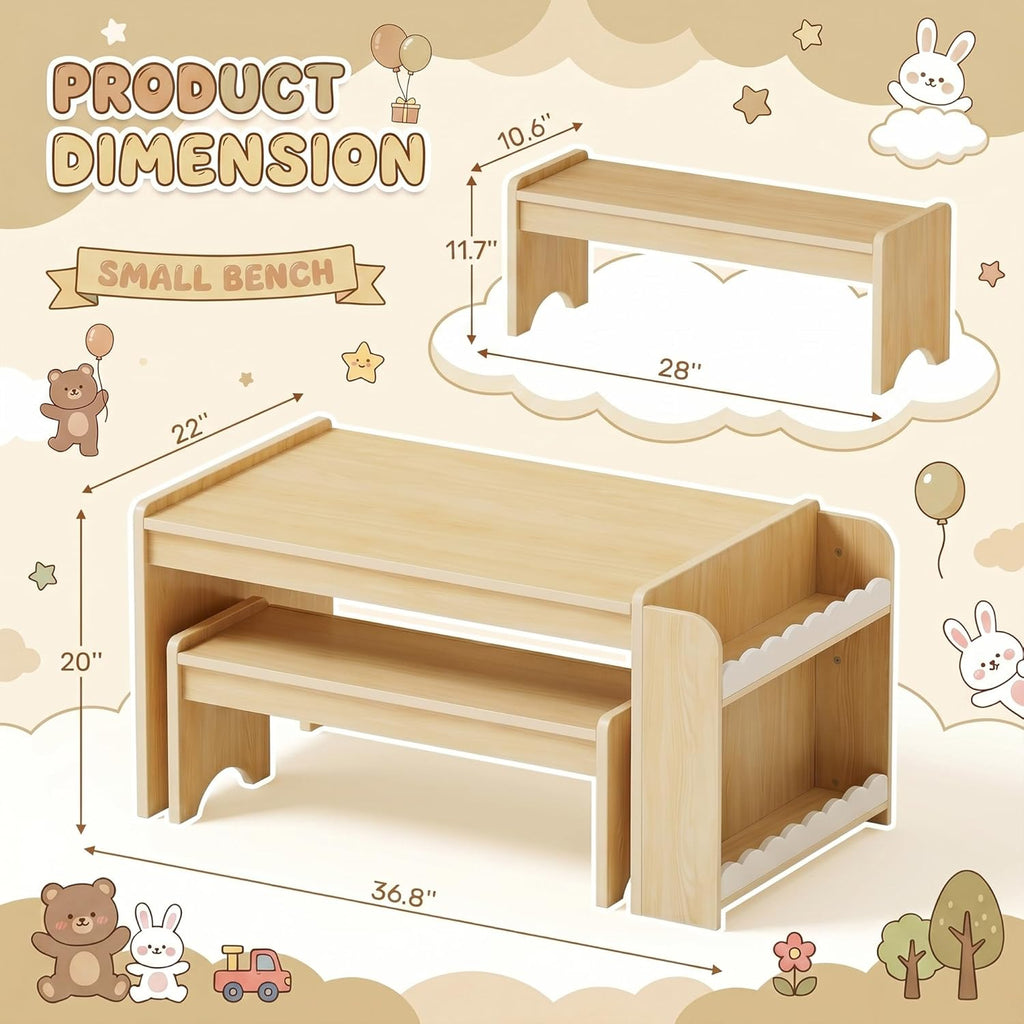Kids Table and Bench Set, Montessori Kids Table and Chair Set, Indoor Wooden Toddler Activity Table with Bookshelves, 37”X22” Desktop, Children Desk for Home, Classroom, Boys, Girls (Natural)