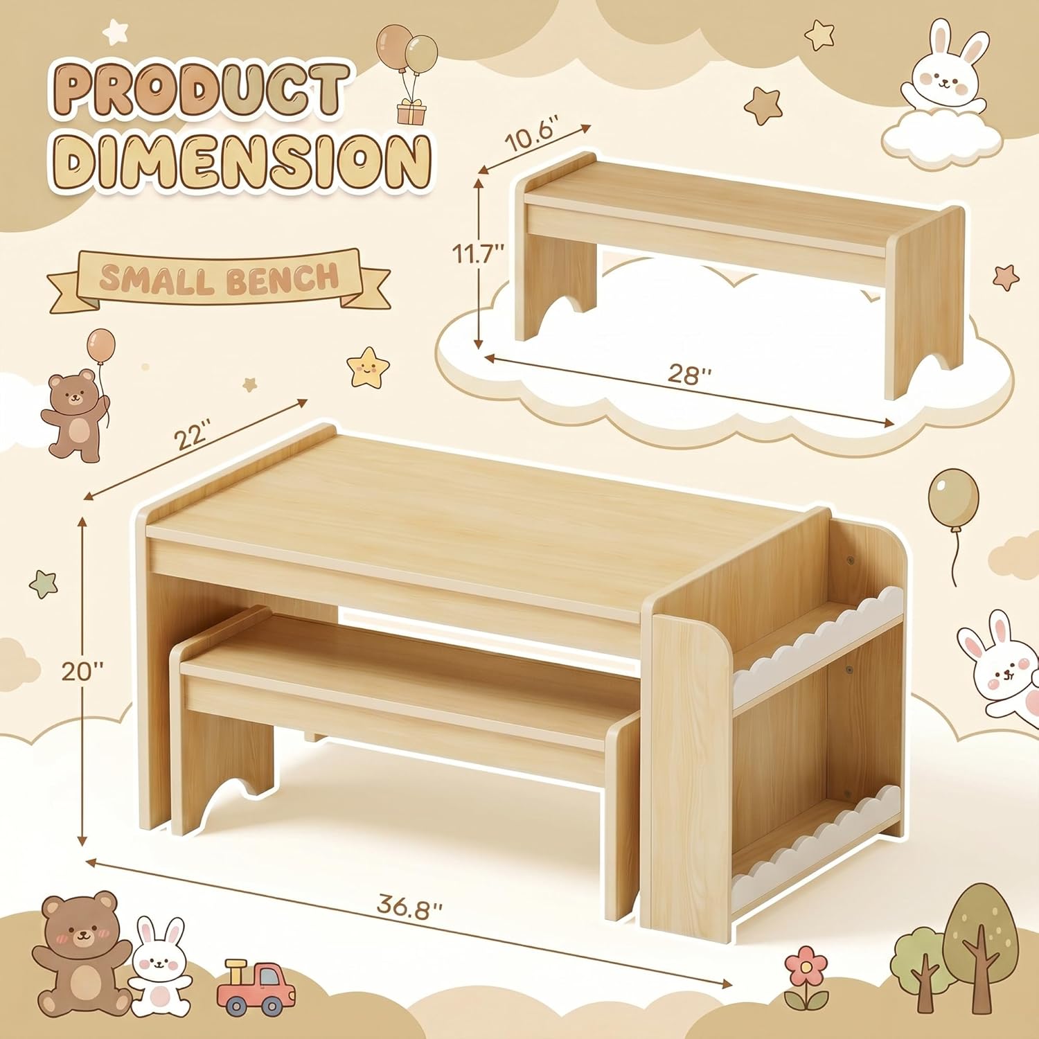 Kids Table and Bench Set, Montessori Kids Table and Chair Set, Indoor Wooden Toddler Activity Table with Bookshelves, 37”X22” Desktop, Children Desk for Home, Classroom, Boys, Girls (Natural)