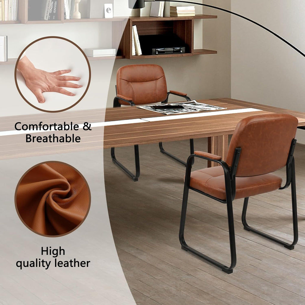 CLATINA Reception Chair Set of 4, Leather Guest Chair with Padded Arms and Sled Base, Waiting Room Chair No Wheels, Computer Desk Chair for Office, Home, Break Conference Meeting Room, School, Brown