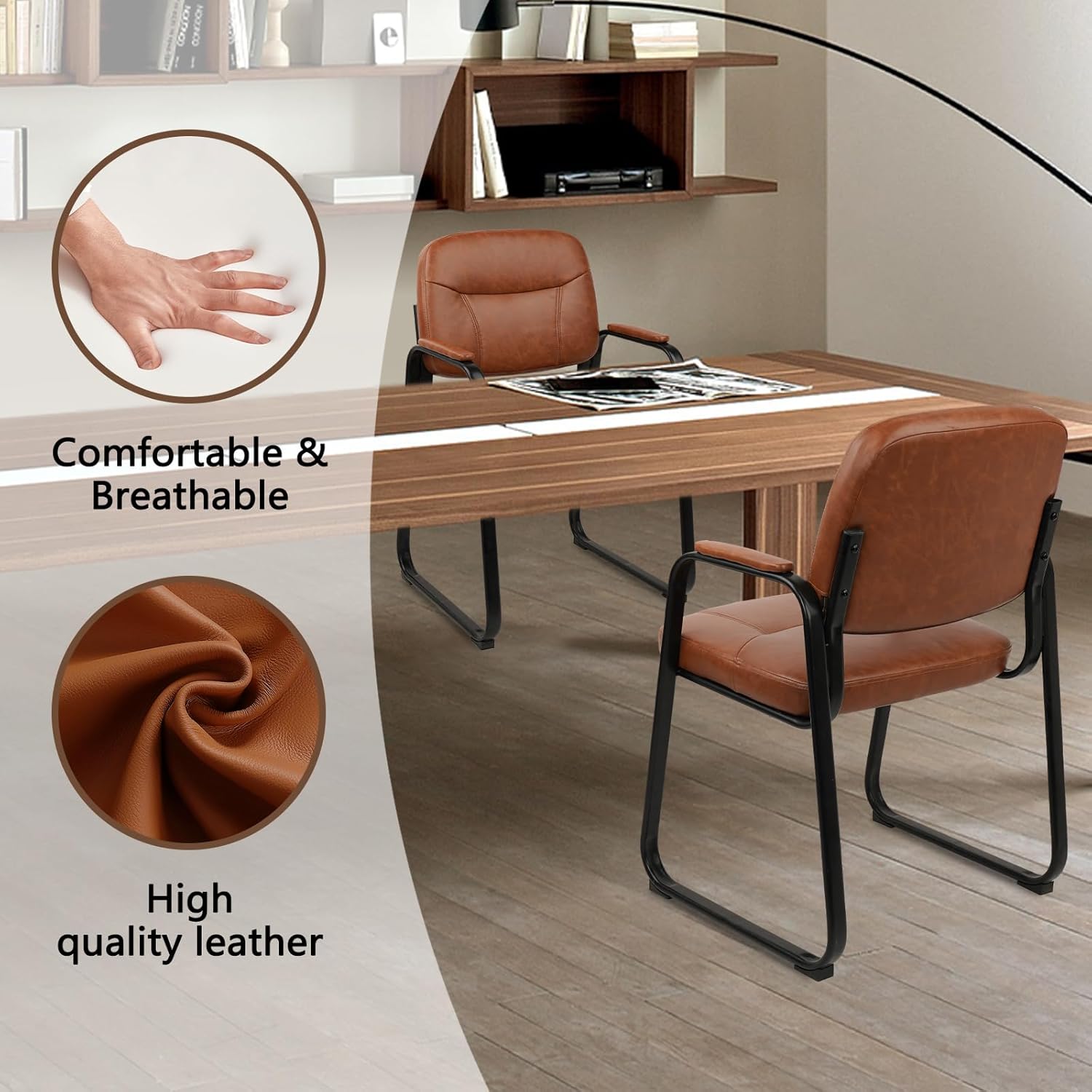 CLATINA Reception Chair Set of 4, Leather Guest Chair with Padded Arms and Sled Base, Waiting Room Chair No Wheels, Computer Desk Chair for Office, Home, Break Conference Meeting Room, School, Brown