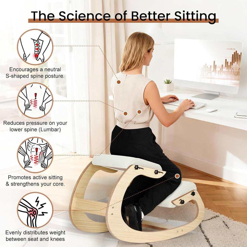 Ergonomic Kneeling Chair - Adjustable Seat, Smooth Rocking Base for Active Posture, Relieves Back & Spine Pressure for Office &Home Sturdy Kneeling Desk Chair Holds 300 lbs, Durable & Stable