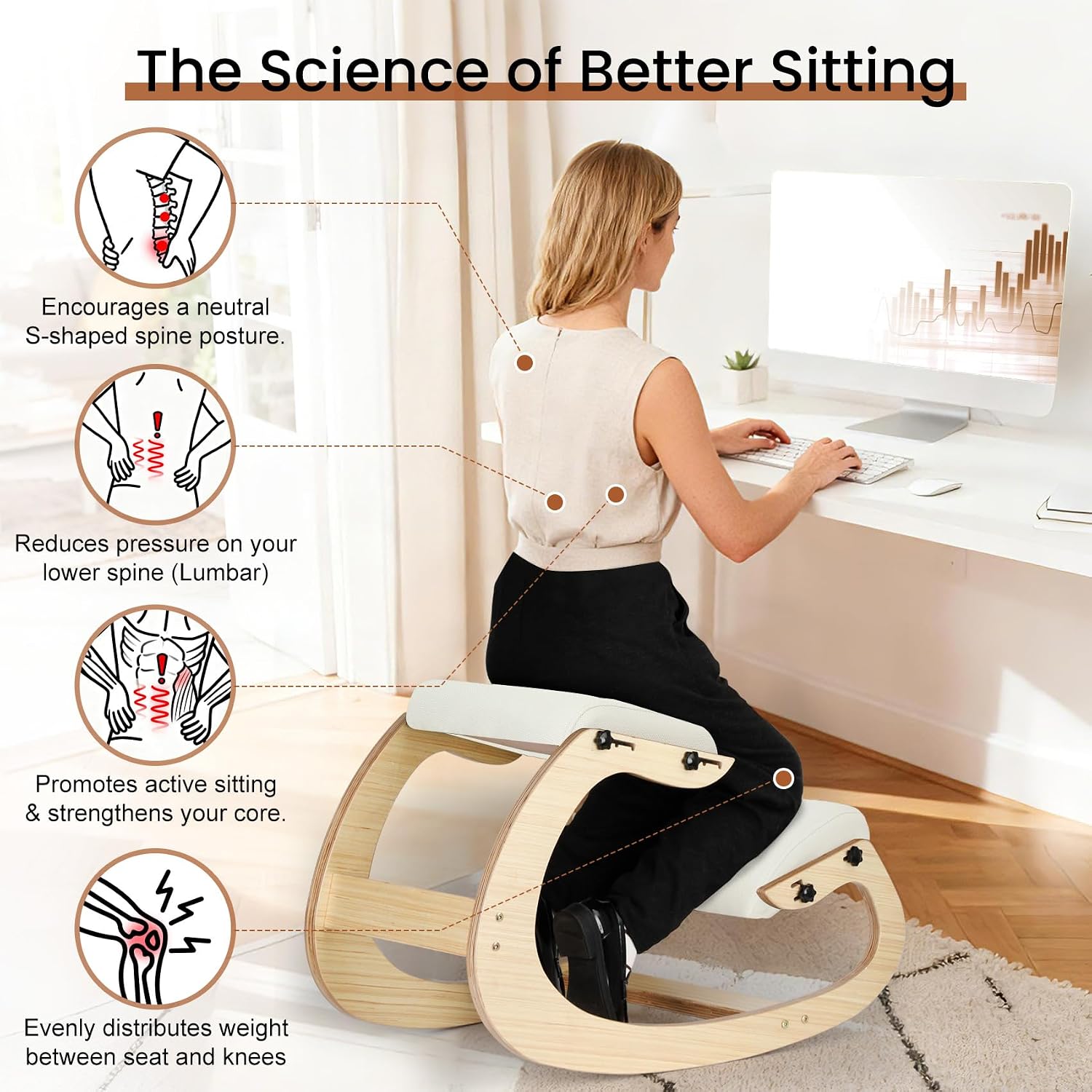 Ergonomic Kneeling Chair - Adjustable Seat, Smooth Rocking Base for Active Posture, Relieves Back & Spine Pressure for Office &Home Sturdy Kneeling Desk Chair Holds 300 lbs, Durable & Stable
