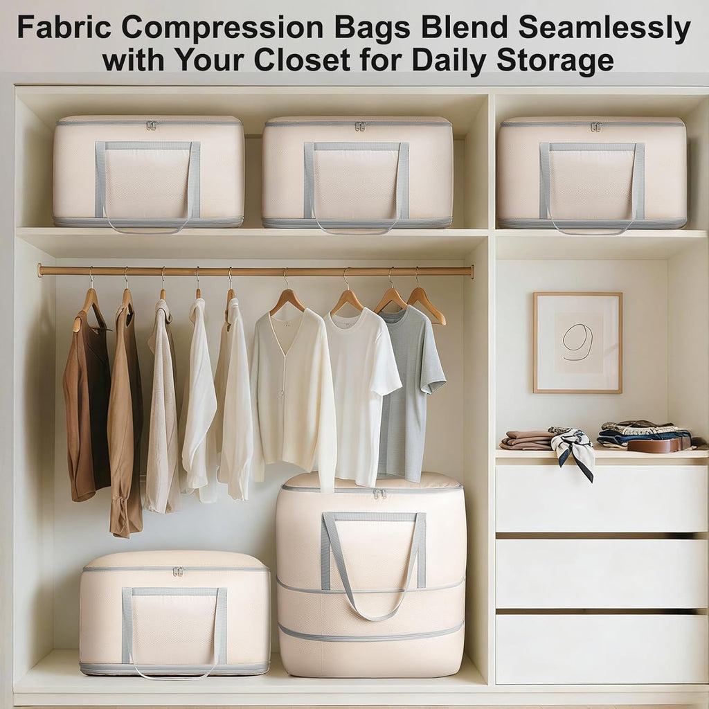 Comforter Storage Bag - 120L Bedding Storage Bags for Closet and Moving, Washable Blanket Storage Bag, Ultra Space Saving Self Compression Organizer, 2-Pack, Beige