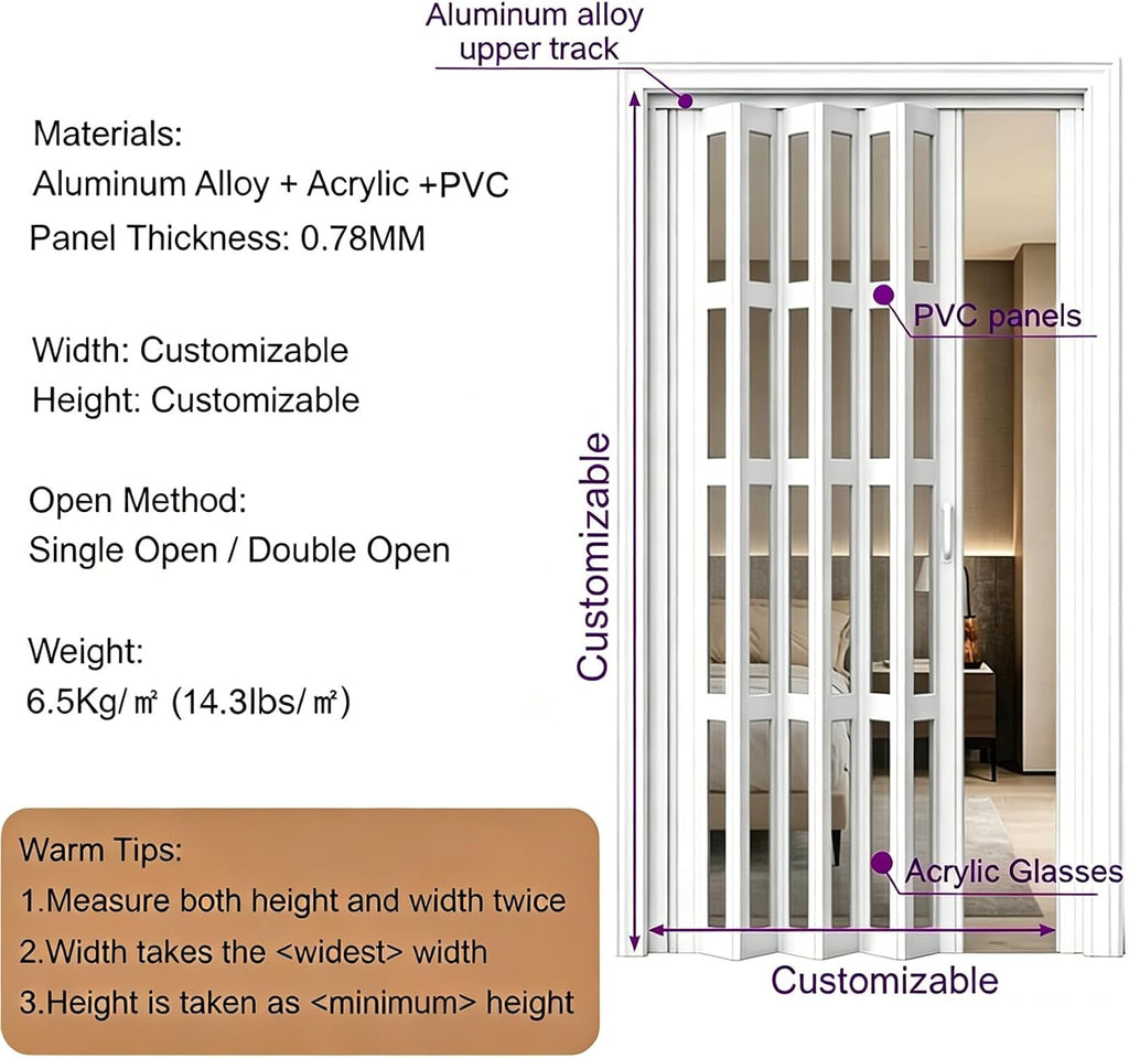 PVC Waterproof Accordion Door, Tall White Sliding Accordion Doors with Handles & Acrylic Glass, Customizable Size/Color Folding Door, Folding Double Doors for Home/Office,42x78in