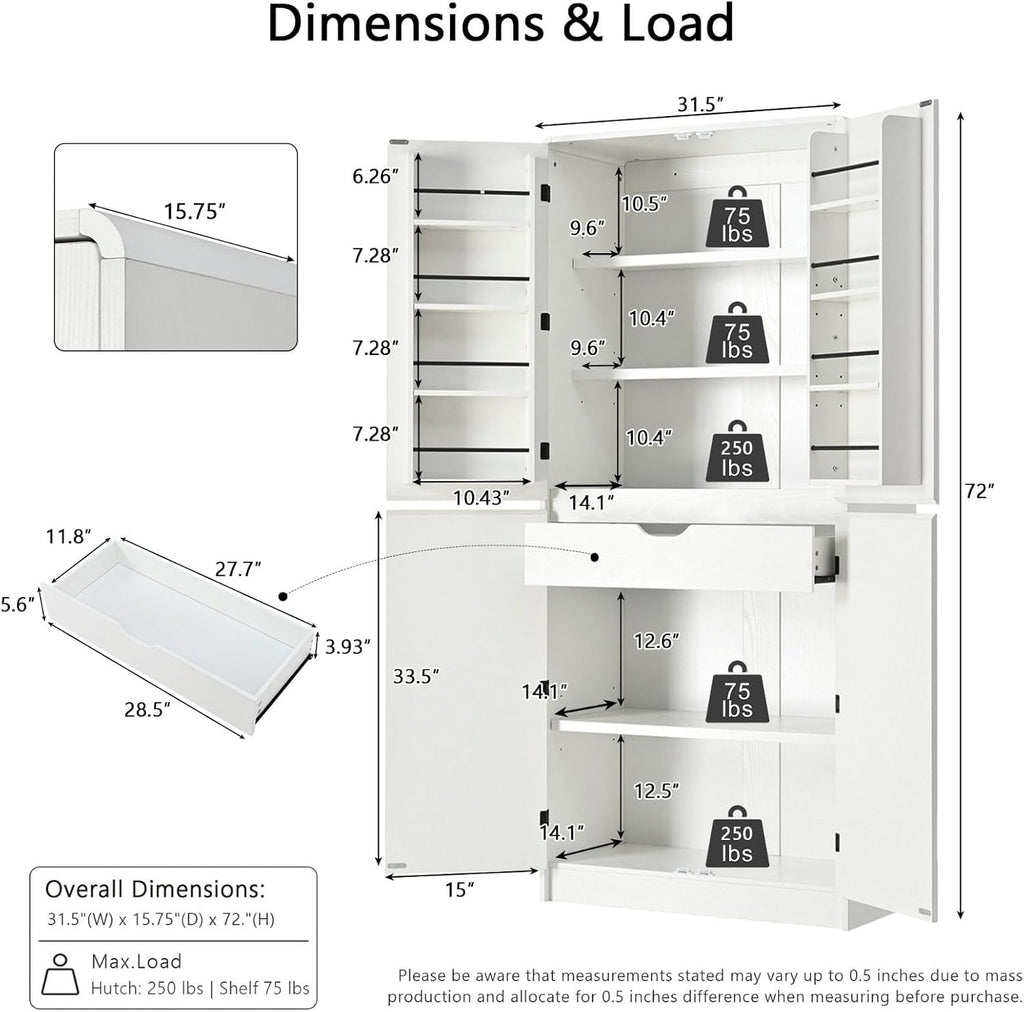 72" Tall Kitchen Pantry Cabinet, Storage Cabinet with 8 Door Shelves, Hidden Drawer, 3 Adjustable Shelves, Farmhouse Kitchen Cabinet for Dining Room, Bathroom, Living Room