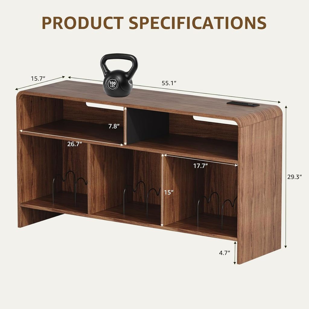Record Player Stand with Vinyl Storage Cabinet, Turtable Stand Table with Charging Station, Curved Vinyl Record Cabinet for Living Room, Holds Up to 350 Albums