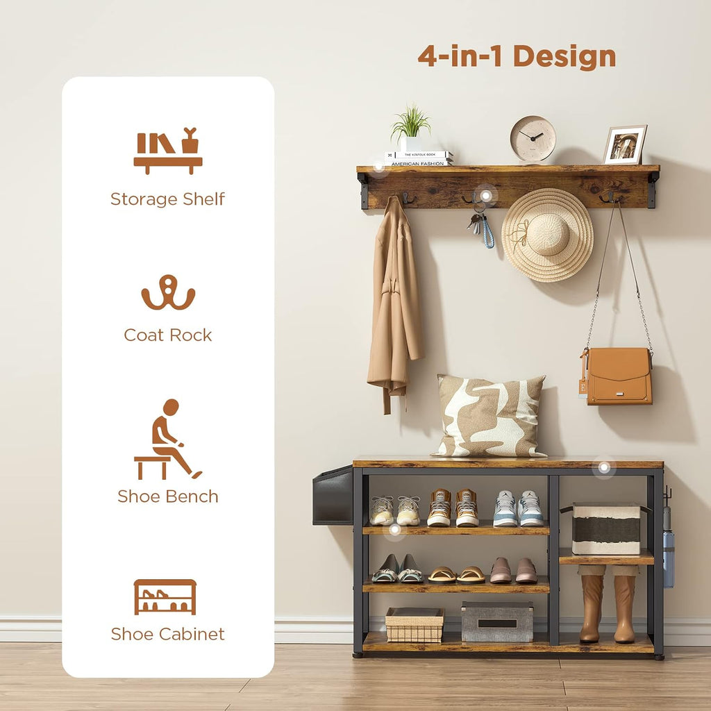 Aiho Entryway Hall Tree Bench with Storage, Industrial Shoe Rack Bench with 4 Hooks, Rustic Brown