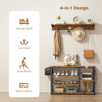 Aiho Entryway Hall Tree Bench with Storage, Industrial Shoe Rack Bench with 4 Hooks, Rustic Brown