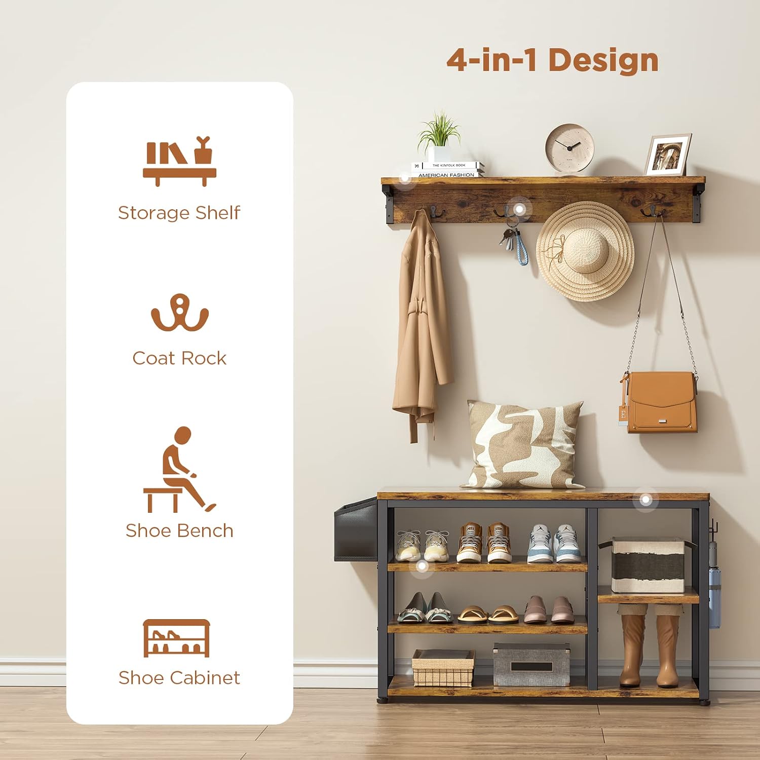 Aiho Entryway Hall Tree Bench with Storage, Industrial Shoe Rack Bench with 4 Hooks, Rustic Brown