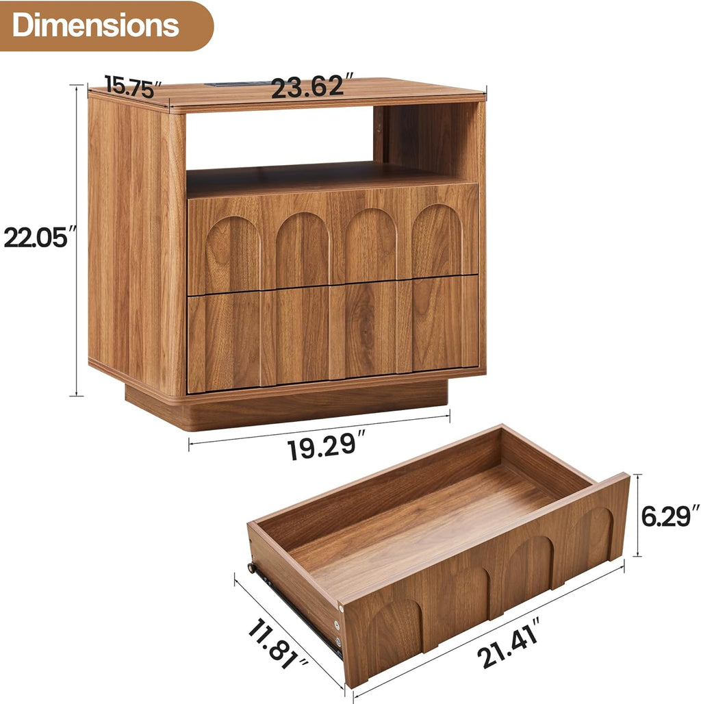 FurSch Mid Century Modern End Table with Charging Station Set of 2, 23.62” Wide Wood End Table & Nightstand with Arch Design Panel and Curved Edge for Living Room, Bedroom (Walnut-2 pcs)