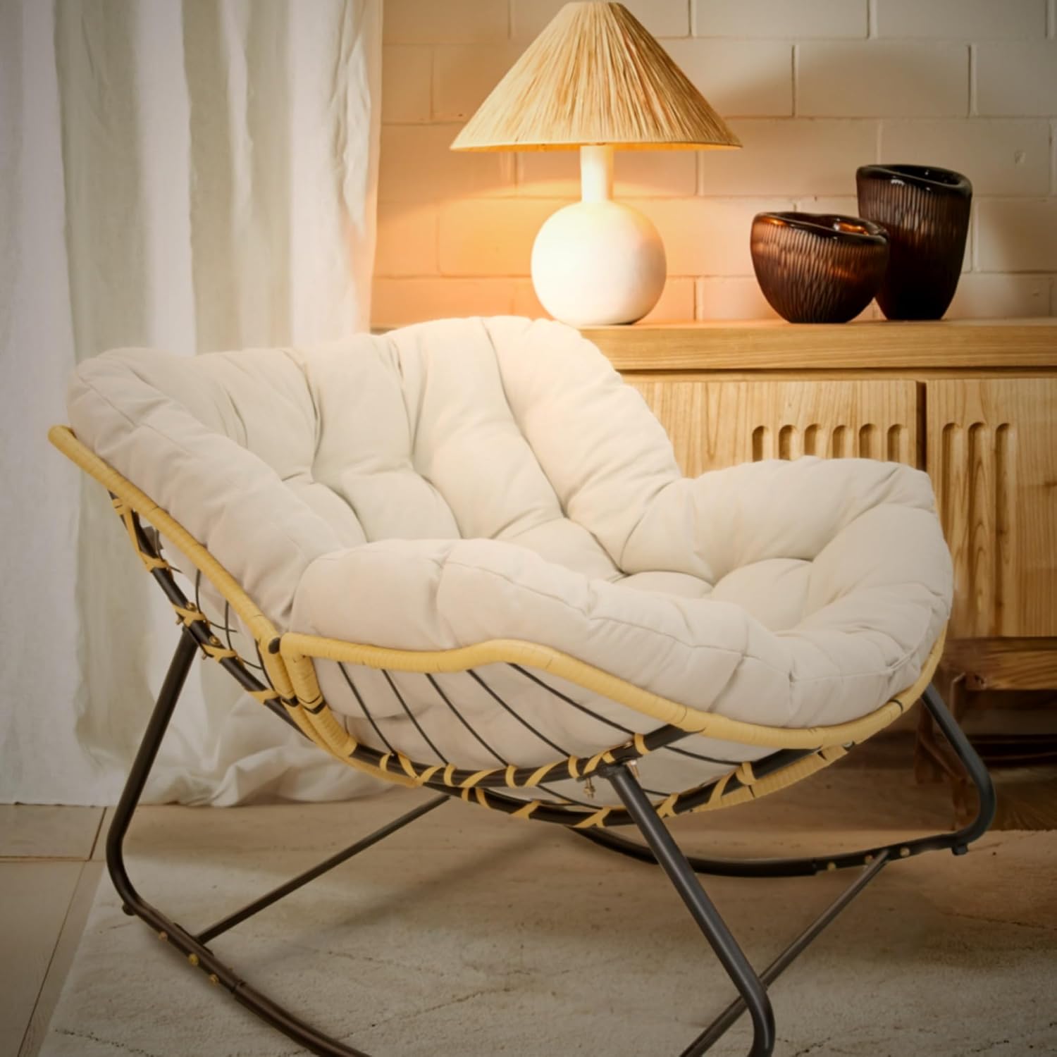 Modern Patio Rocking Egg Chair with Thick Cushion and Rattan Wicker Frame, Indoor Outdoor Lounge Chair with 360° Swivel Comfort, Heavy-Duty Metal Base for Bedroom Living Room Porch Garden (Beige)