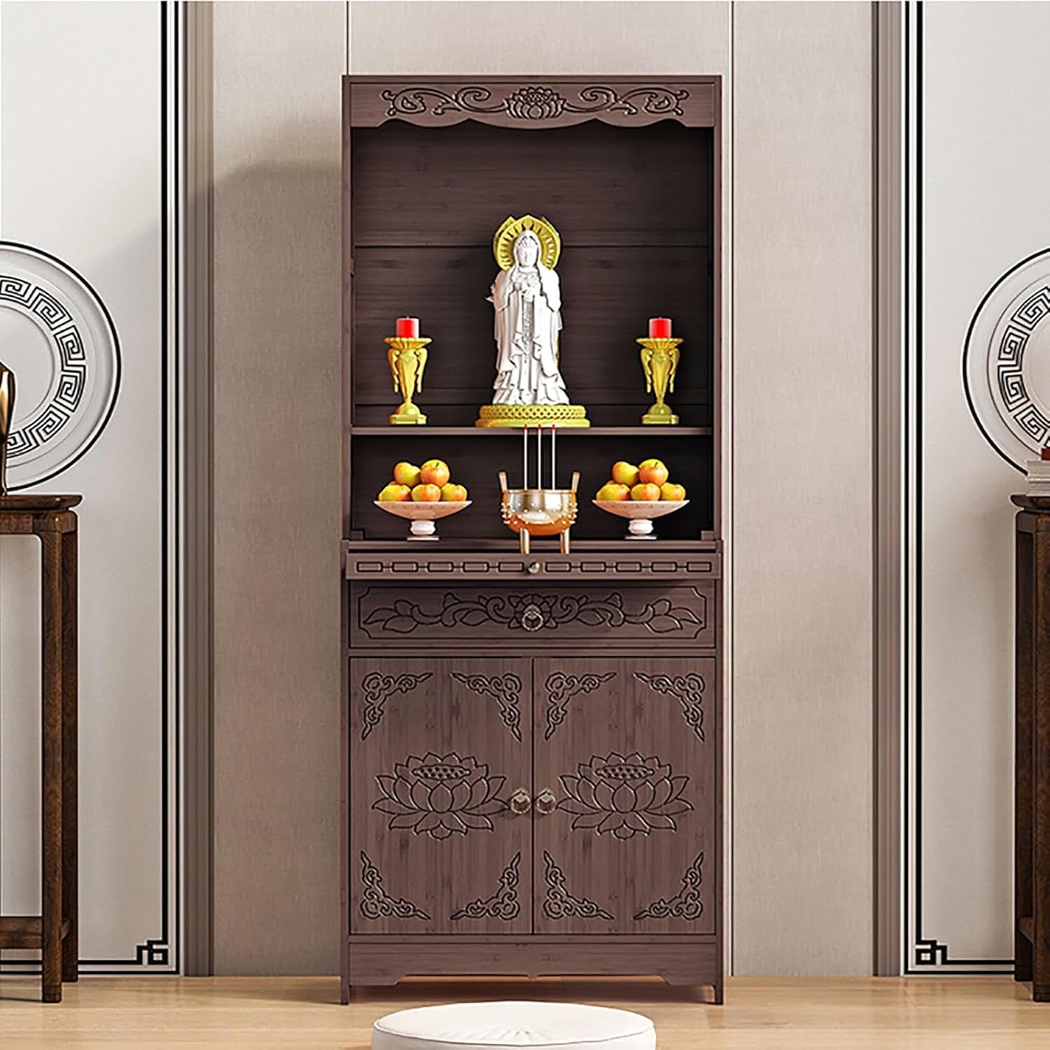 Meditation Table with Storage, Bamboo Buddhist Altar Cabinet, Personal Shrine Altar Table, Chinese Pooja Prayer Cabinet, for Living Room, Bedroom, Office(70cm/27.5in)