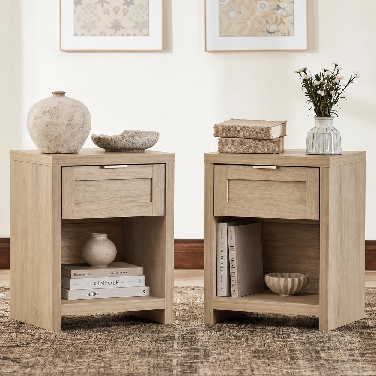 Walsham Natural Nightstands, Light Weathered Oak, 2 Set | Boho Bed Side Table, Minimalist Night Stand, Drawer and Storage Shelf, Farmhouse End Tables