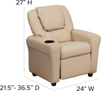 EMMA + OLIVER Beige Vinyl Kids Recliner with Cup Holder and Headrest