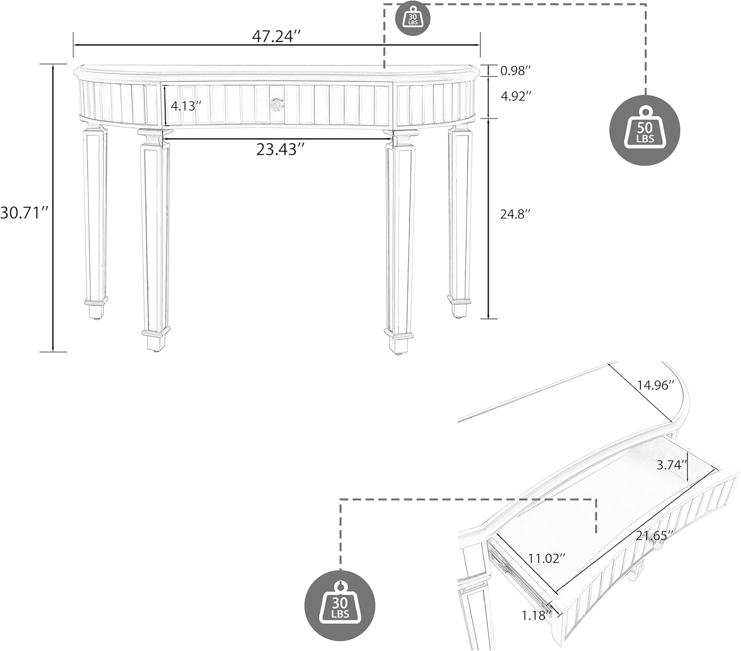 Half-Moon Mirrored Sofa Table with Storage, Semi Circle Entryway Console Table with Fluted Glass & Crystal Knob Drawer,Modern Sofa Table Behind Couch for Living/Dressing Room,Hallway Foyer, Silver