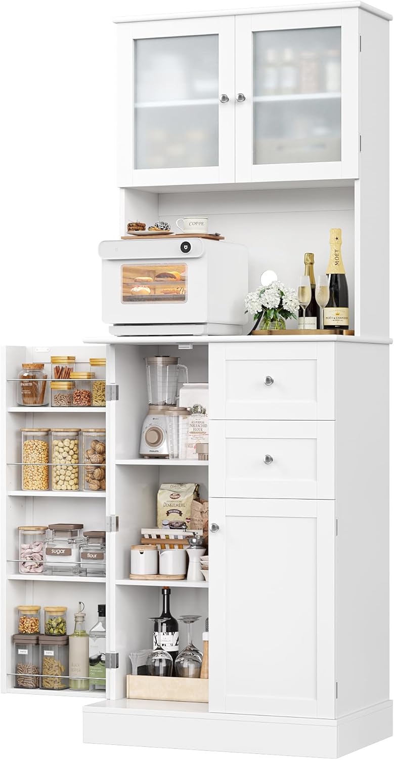 BOTLOG 72" Tall Kitchen Pantry Storage Cabinet, Kitchen Hutch Cabinet with Doors and Shelves, Modern Food Pantry with 2 Drawers for Dining Room, Living Room, White