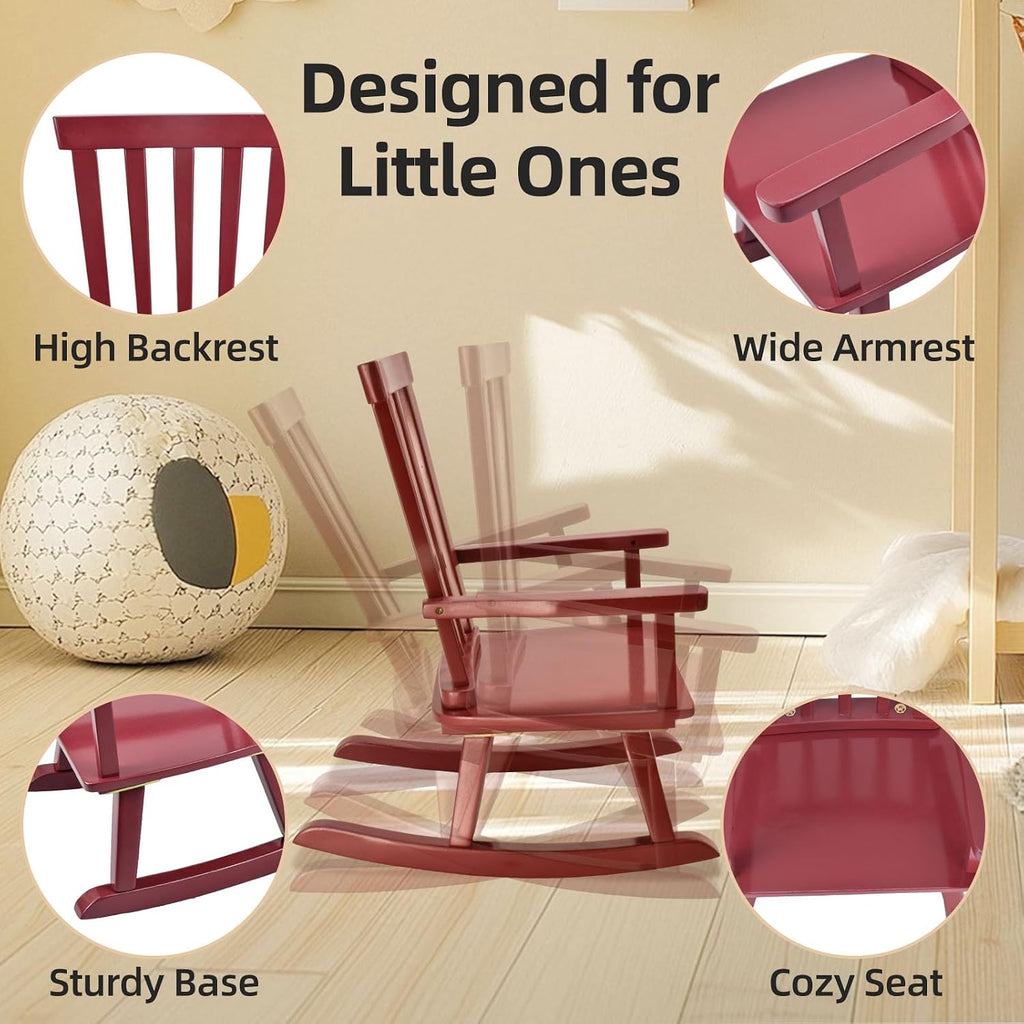 Kids Rocking Chair for Toddler and Small Baby Wooden Comfy Rocker Furniture Indoor Cozy Recliner for Bedroom Play Room Couch Outdoor Red