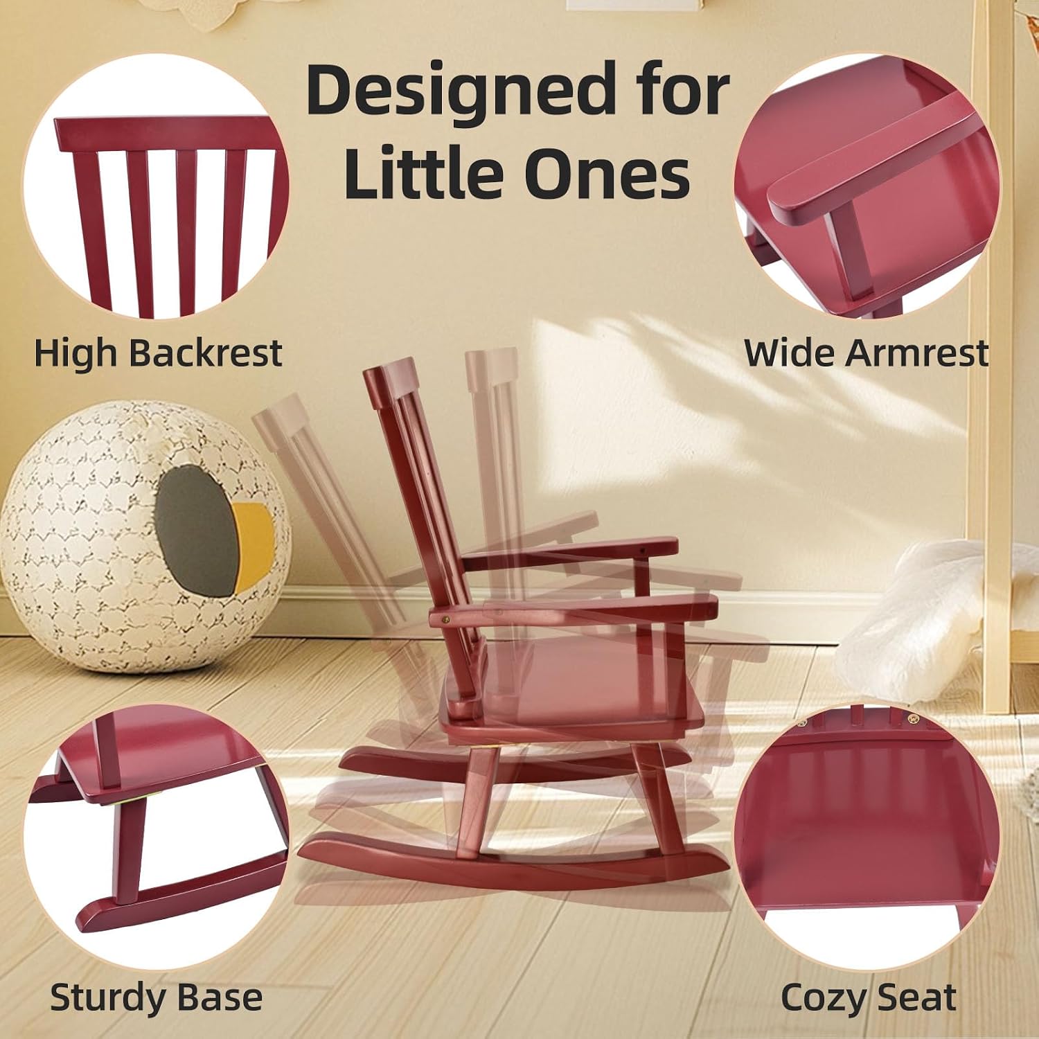 Kids Rocking Chair for Toddler and Small Baby Wooden Comfy Rocker Furniture Indoor Cozy Recliner for Bedroom Play Room Couch Outdoor Red