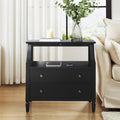 Transitional End Table with Charging Station & Pull-Out Tray, 2 Drawer & Open Shelf Storage Side Table, Adjustable Feet Wood Table for Living Room, Black
