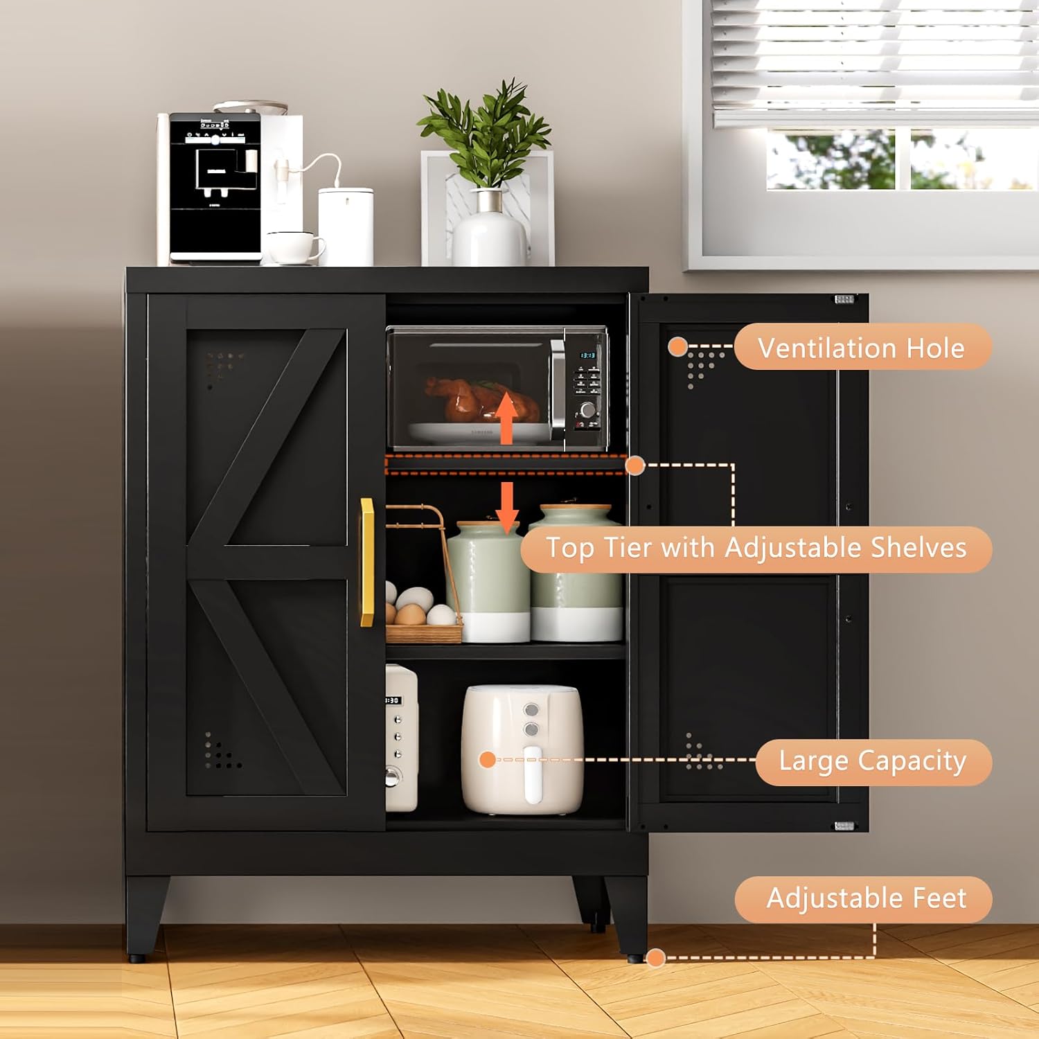 32" Metal Kitchen Pantry Cabinet,Floor Bathroom Storage Cabinet with 2 Adjustable Shelves,Freestanding Sideboard for Small Spaces, Living Room, Hallway, Dining Room,Black