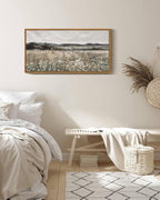 SHENIFY 20x40in Extra Large Vintage Framed Wall Art Meadow with Flowers Landscape Painting Retro Scenery Farmhouse Bedroom Above of Bed Living Room Decor - Natural Framed