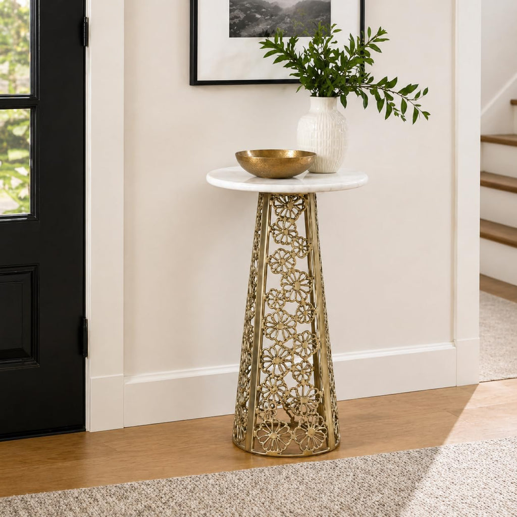 Gold Side Table with White Marble Top | Decorative Modern End Table | Aluminum Base | Accent Table for Living Room | 11x11x21.25