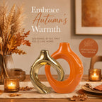 Orange Gold Ceramic Vase Set of 2 for Modern Home Decor,Round Boho Vase for Pampas Grass,Neutral Minimalist Statue for Dining Room Table Centerpiece Dining Room,Wedding Table Decoration