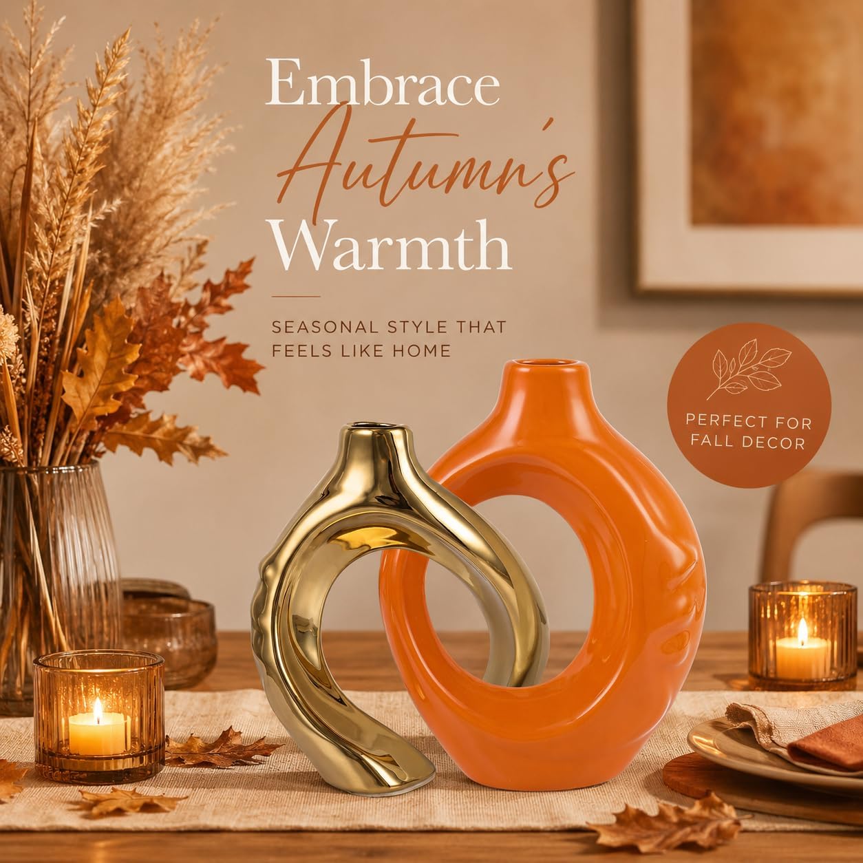Orange Gold Ceramic Vase Set of 2 for Modern Home Decor,Round Boho Vase for Pampas Grass,Neutral Minimalist Statue for Dining Room Table Centerpiece Dining Room,Wedding Table Decoration