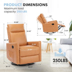 Swivel Rocker Recliner Chair, 360 Degree Glider with High Backrest & Padded Armrests, Manual Rocking Recliner for Nursery, Living Room, Bedroom, Small Spaces, Brown-v