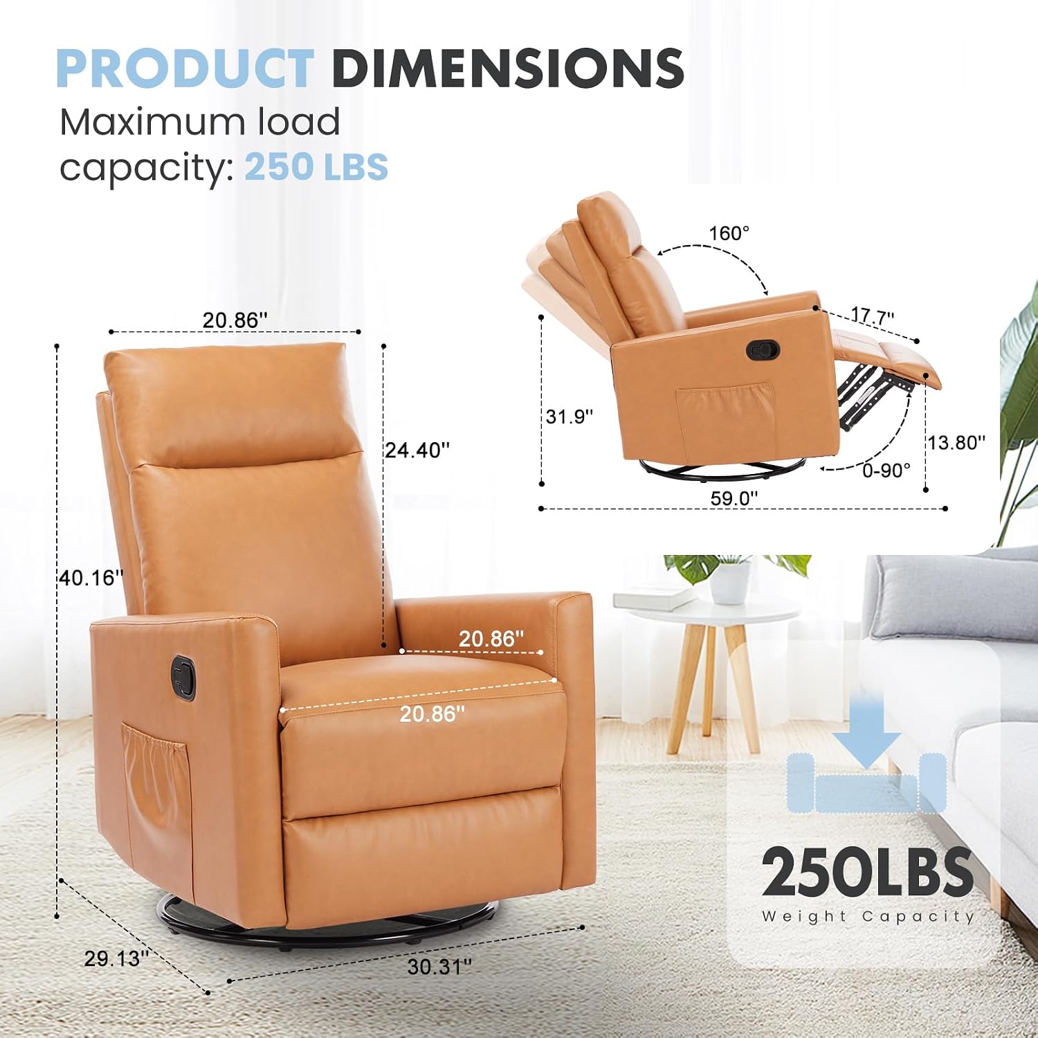 Swivel Rocker Recliner Chair, 360 Degree Glider with High Backrest & Padded Armrests, Manual Rocking Recliner for Nursery, Living Room, Bedroom, Small Spaces, Brown-v