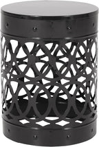 14" Powder-Coated Iron Bedside Table, Small Sofa Side Table with Cylindrical Shape, Small Sofa Couch Table with Circle Pattern for Indoor Outdoor use, Black