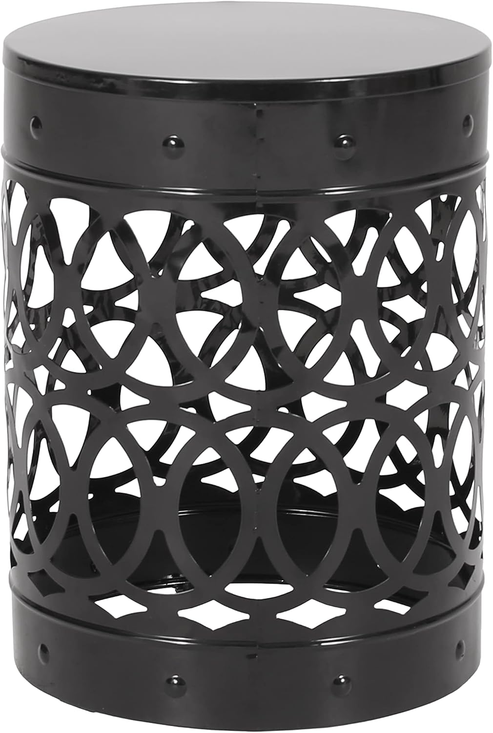 14" Powder-Coated Iron Bedside Table, Small Sofa Side Table with Cylindrical Shape, Small Sofa Couch Table with Circle Pattern for Indoor Outdoor use, Black