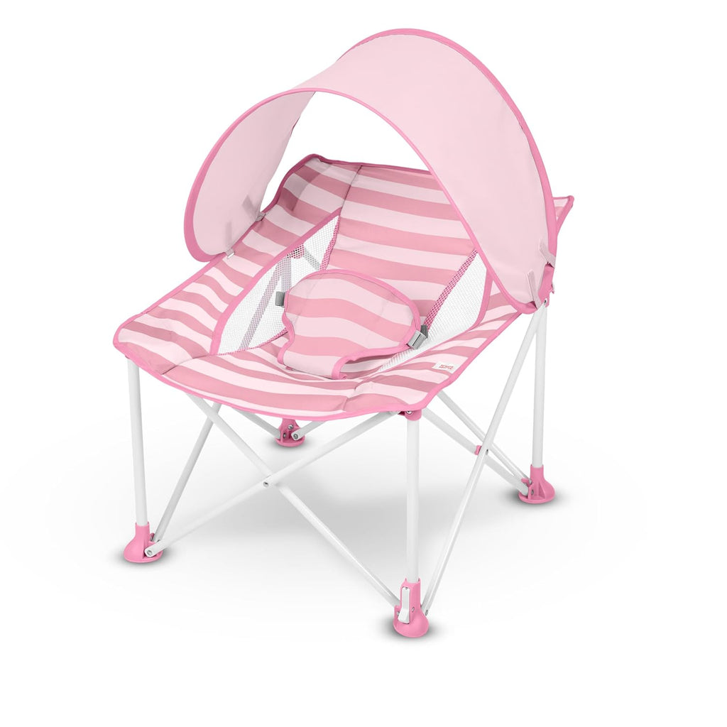 Bright Starts Pop ’N Chill Baby Chair Travel Seat, Indoor/Outdoor Use, Portable Infant Seat with Removable UPF 50+ Canopy, Pink, 0-6 Months