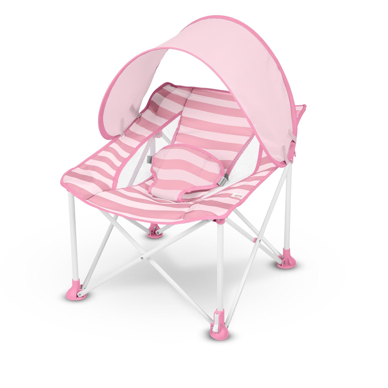 Bright Starts Pop ’N Chill Baby Chair Travel Seat, Indoor/Outdoor Use, Portable Infant Seat with Removable UPF 50+ Canopy, Pink, 0-6 Months