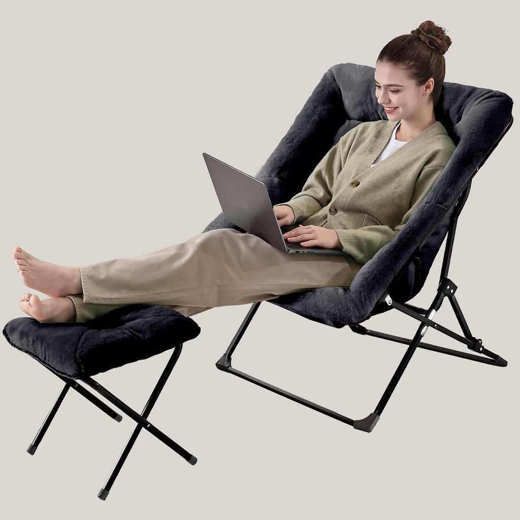 Walsham Folding Comfy Chair with Ottoman, Faux Fur Soft Cozy Lounge Reading Papasan Chair with Footrest for Adults Kids Bedroom Living Room Dorms Small Space, Black