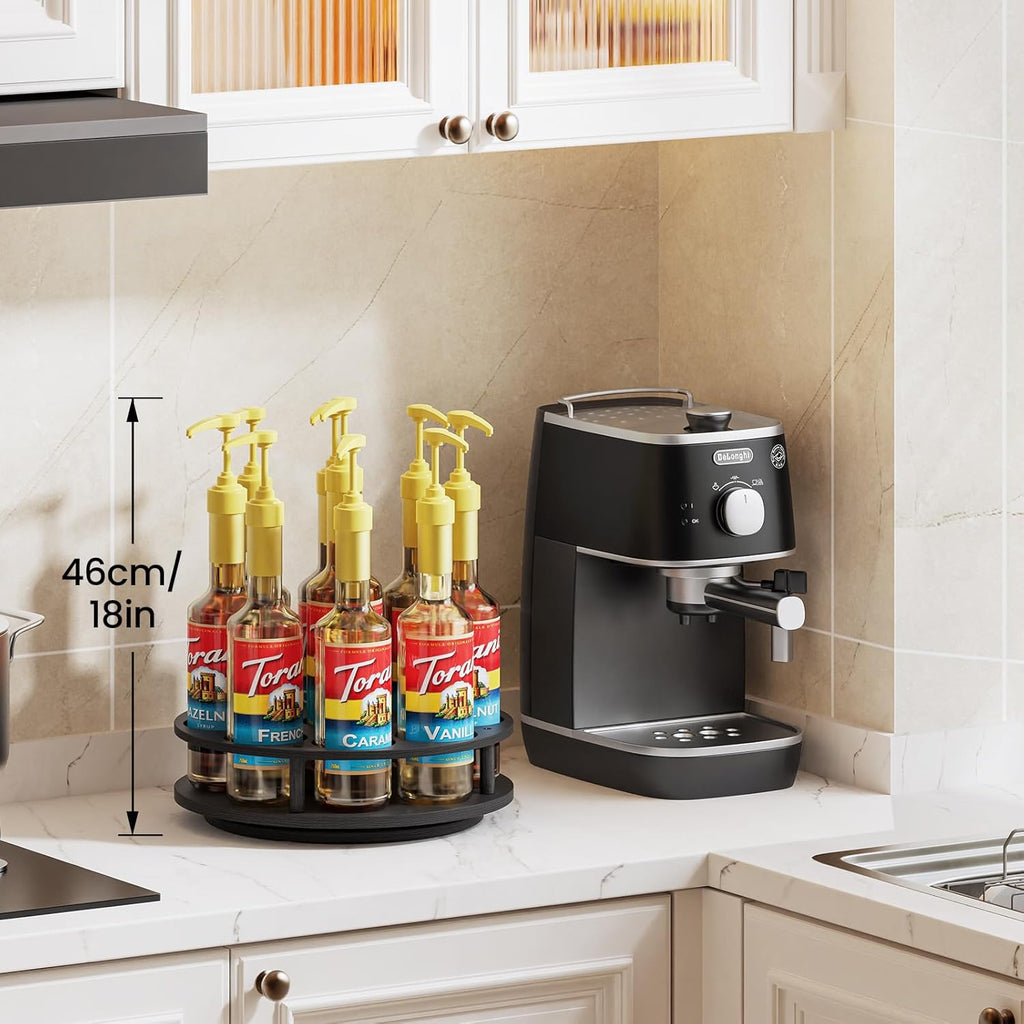 THYGIFTREE Rotating Coffee Syrup Organizer for Countertop, 9-Bottle Wooden Syrup Rack & Bottle Holder for Coffee Bar Station, Turntable Display Stand, Black