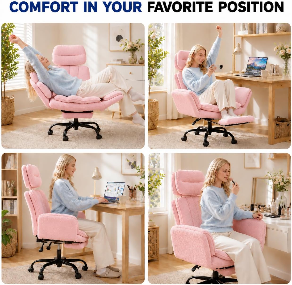 Big and Tall Office Chair with Footrest, Teddy Fabric Ergonomic Desk Chair with Adjustable Armrests, 135° Reclining High Back Computer Chair for Home Office, Cross-Legged Sitting, Pink