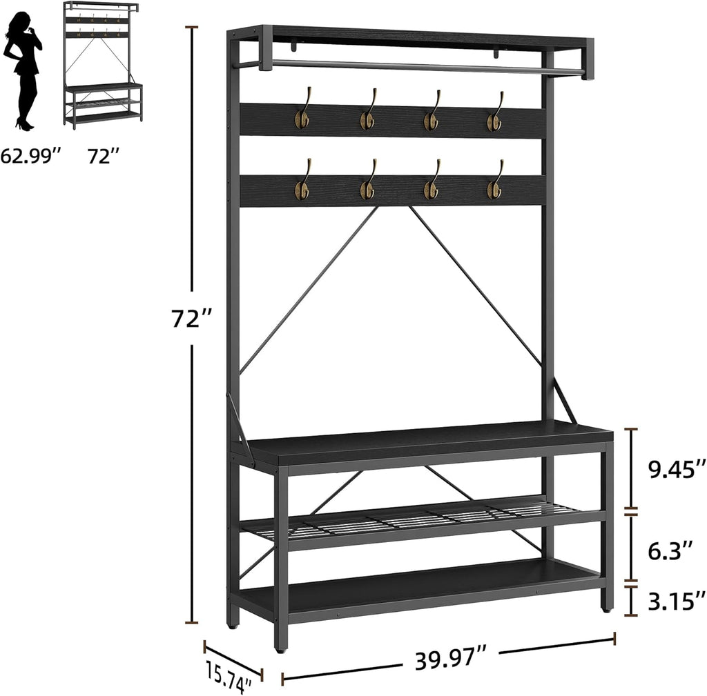 40" Industrial Hall Tree, 3-in-1 Entryway Coat Rack Shoe Bench with 8 Hooks & 3-Tier Storage Shelf, Heavy Duty Metal Frame Mudroom Organizer, Black