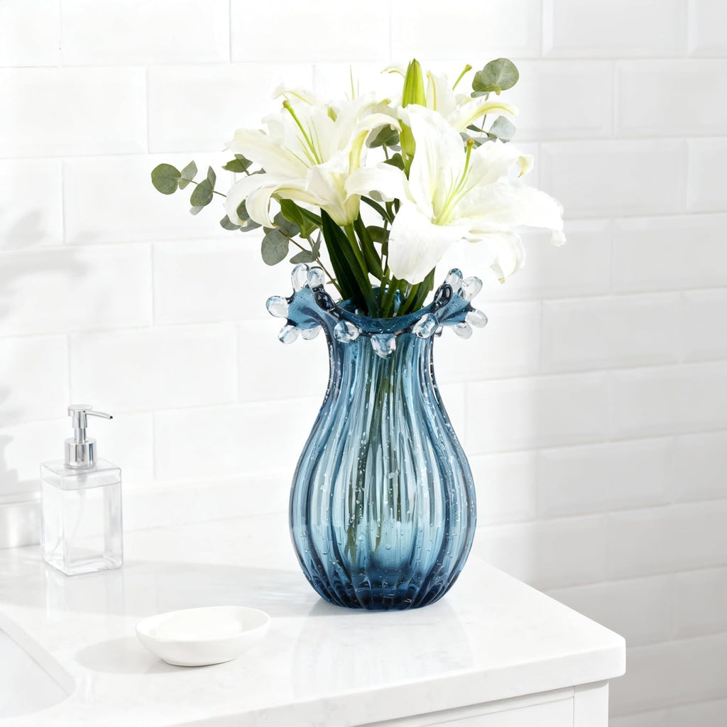 Hand Blown Glass vase, Unique Blue Glass vase, Modern Art Decor, Suitable for Living Room Coffee Tables, Wedding centerpieces, Dining Tables, and Office Centerpiece Floral Arrangements