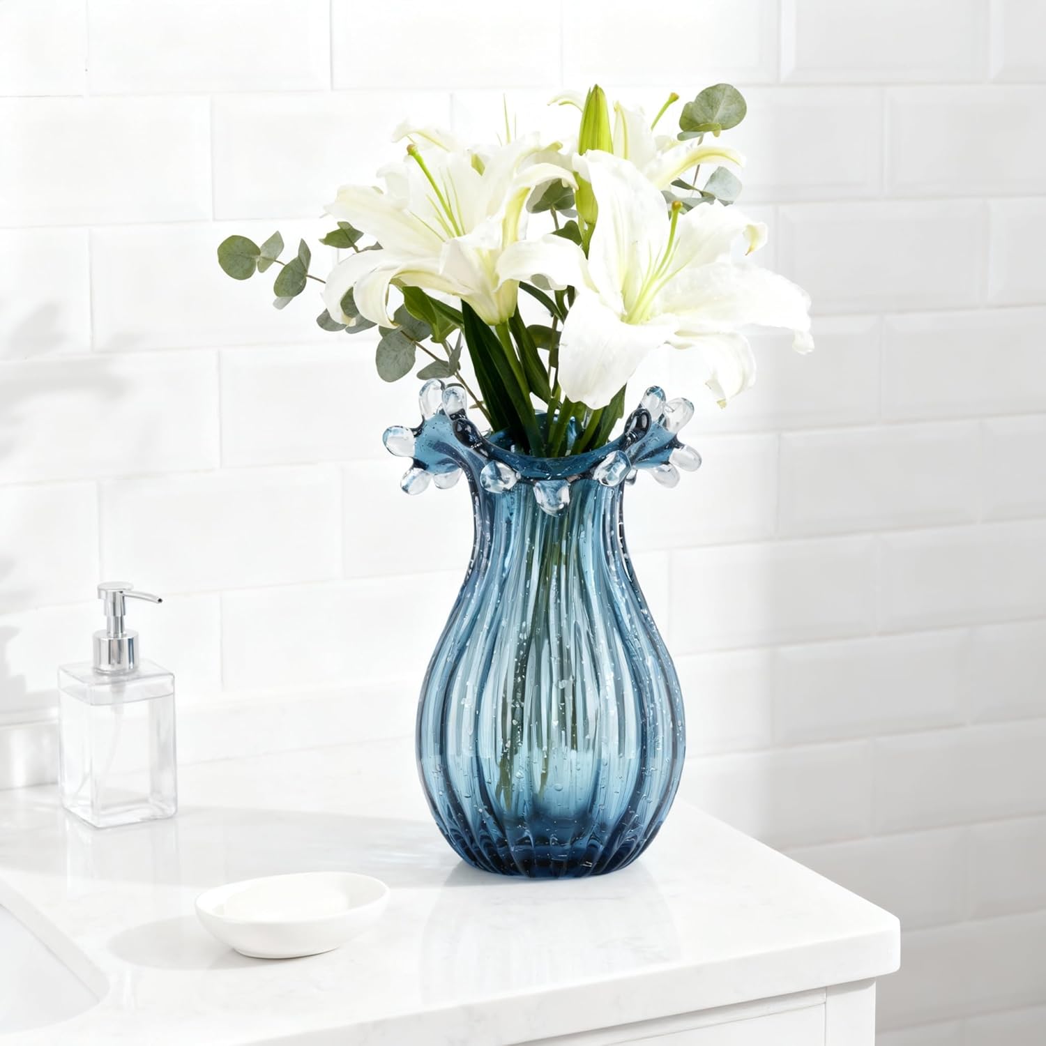 Hand Blown Glass vase, Unique Blue Glass vase, Modern Art Decor, Suitable for Living Room Coffee Tables, Wedding centerpieces, Dining Tables, and Office Centerpiece Floral Arrangements
