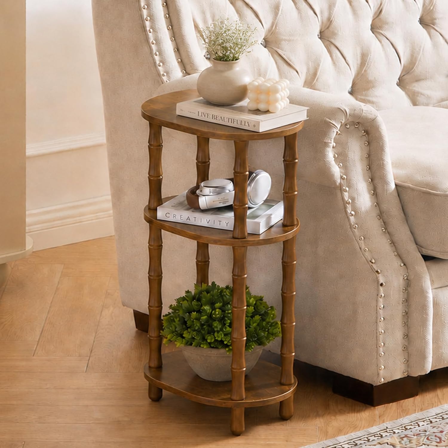 Narrow Side Table with Storage, 3-Tier End Table Skinny Nightstand for Bedroom, Living Room Small Space, Rustic Brown